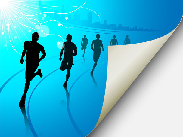 Group of runners on a blue cityscape background, with the page f - Vector, afbeelding