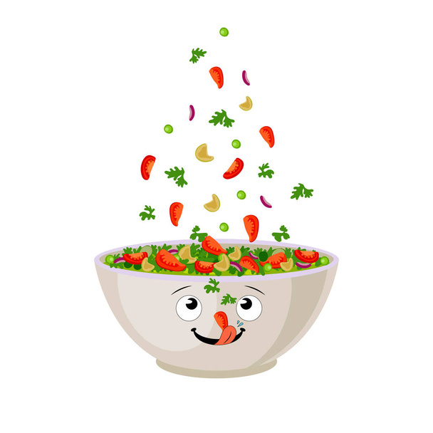 Vector Salad Bowl with Funny Face Isolated on White Background, Healthy Eating Concept, Illustration Template. - Wektor, obraz
