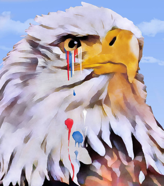 Ένας φαλακρός αετός κλαίει με κόκκινα, λευκά και μπλε δάκρυα σε αυτή την τρισδιάστατη απεικόνιση της τρέχουσας κατάστασης στις ΗΠΑ. - Φωτογραφία, εικόνα