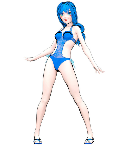 Muñeca de anime sexy 3D colegiala japonesa en bañador.Cómic cosplay hero.Cartoon, cómics, manga illustration.Conceptual arte de la moda.Isolate render - Foto, Imagen