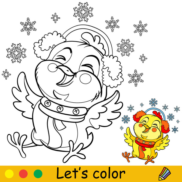 Carino pollo ridente con fiocchi di neve. Cartoon personaggio pollo. Illustrazione isolata del vettore. Libro da colorare con esemplificazione colorata. Per carta, poster, design, adesivi, arredamento, abbigliamento per bambini - Vettoriali, immagini