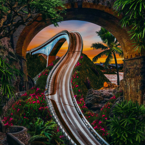 Een steil, kronkelend pad in de tropen. 3D illustratie. Imitatie van olieverf. - Foto, afbeelding