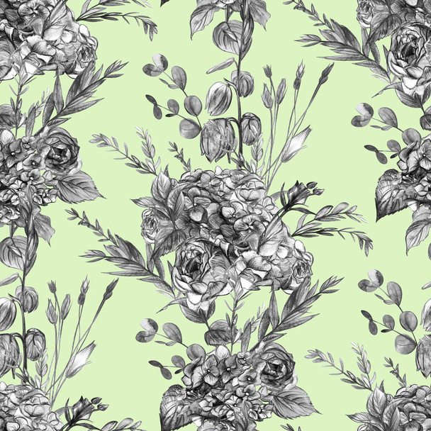 Seamless pattern with a botanical plot of roses and hydrangea and eustoma - Photo, Image