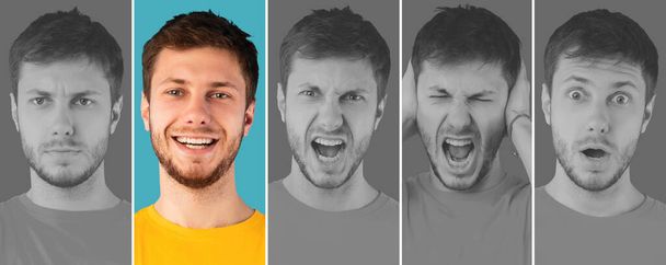 Millennial Mann zeigt verschiedene Emotionen, kreatives Bild mit Akzent auf positiven Gesichtsausdruck, Panorama - Foto, Bild