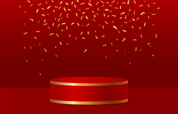 Вітальний червоний сценічний подіум з падаючими золотими цукерками та струмками. Векторна ілюстрація
. - Вектор, зображення