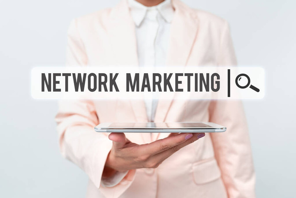 Text sign showing Network Marketing. Business concept Pyramid Selling Multi level of trading goods and services Presenting New Technology Ideas Discussing Technological Improvement - Photo, Image