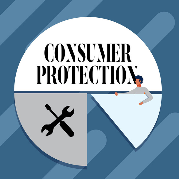 消費者保護を示すテキストキャプション。ビジネスショーケース消費者の権利を確保するための公正取引法保護マン図面保持パイチャートピースグラフデザインを示す. - 写真・画像