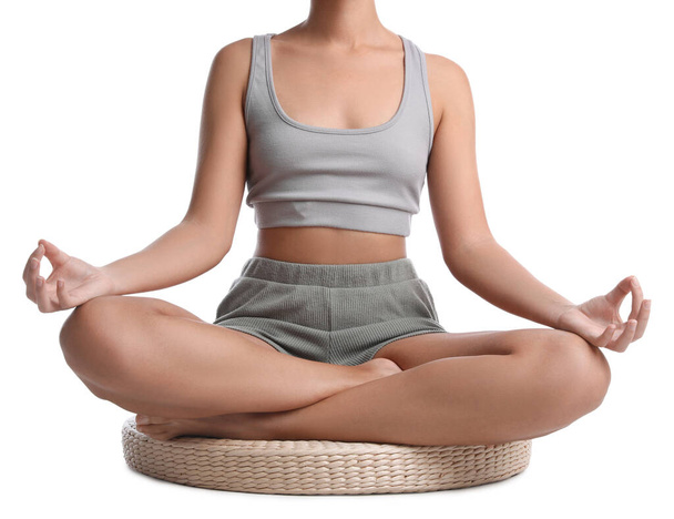 African-American woman meditating on white background, closeup - Photo, image