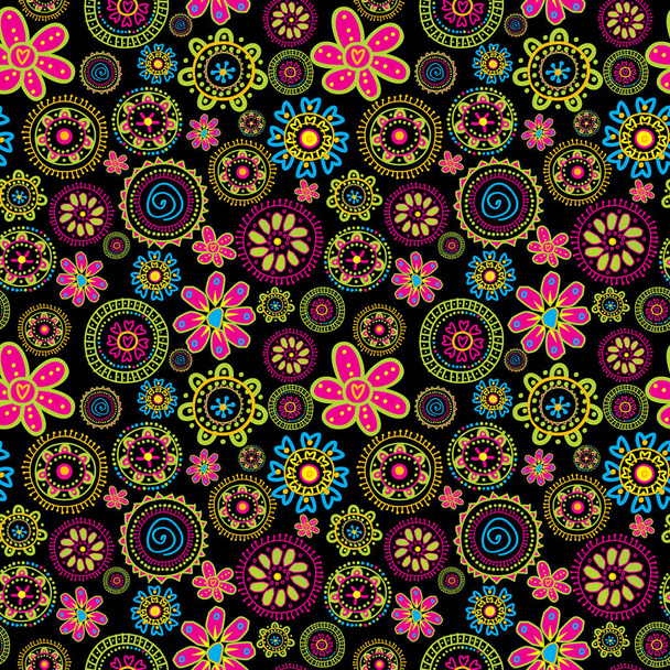 Floral απρόσκοπτη μοτίβο με στυλιζαρισμένα λουλούδια πάνω από μαύρο φόντο - Διάνυσμα, εικόνα
