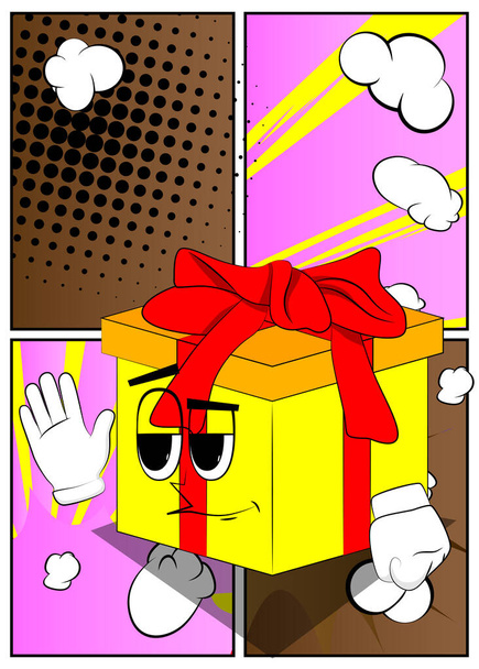 Gift Box with with waving hand as a cartoon character. Holiday, Celebration surprise with happy face emotion. - Vector, Image
