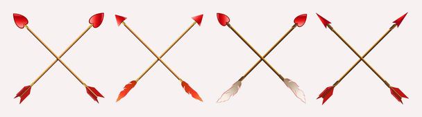 Un conjunto de flechas dibujadas con una cruz oblicuamente, puntas doradas y rojas con plumas - Vector, imagen
