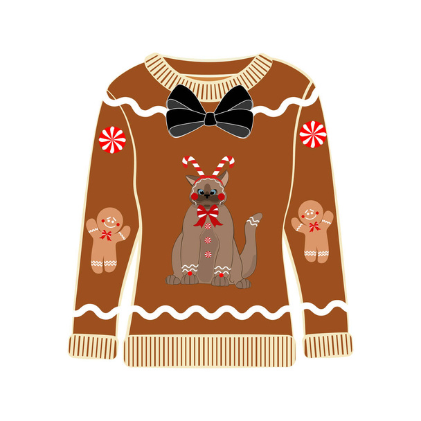 Уродливый рождественский свитер со смешной кошачьей печатью. Забавная праздничная одежда с милыми шрифтами и орнаментами. Рождественская вечеринка в уродливом свитере - Вектор,изображение