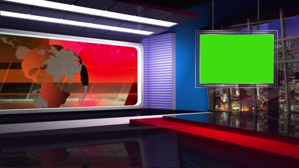 Orange colour rotating globe in background window for Blue coloured set with Plasma Tv.  News base TV Program seamless loopable HD Video - Footage, Video