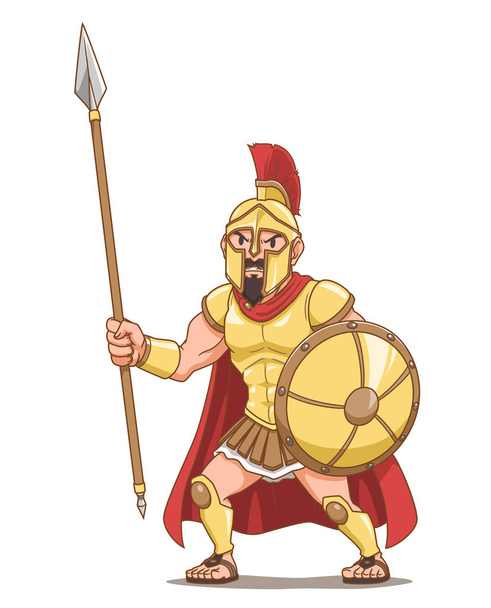 Cartoon character of Greek ancient warrior holding spear and shield. - Vektori, kuva