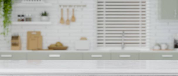 Copie el espacio para la presentación de su producto en la isla de la cocina de granito blanco en el diseño interior de la cocina blanca moderna borrosa. representación 3d, ilustración 3d - Foto, Imagen