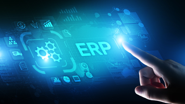 ERP -仮想画面上のエンタープライズリソース計画ビジネスと近代的な技術コンセプト. - 写真・画像