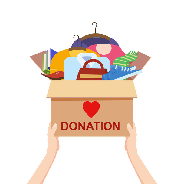 Hands hold a donation box with clothes, books, shoes. help for refugees, poor kids. Awareness and charity concept, vector, illustration flat cartoon style - Vector, Image
