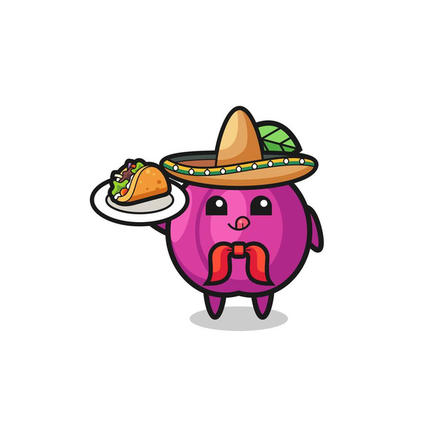 švestkový ovoce mexický kuchař maskot drží taco, roztomilý design - Vektor, obrázek