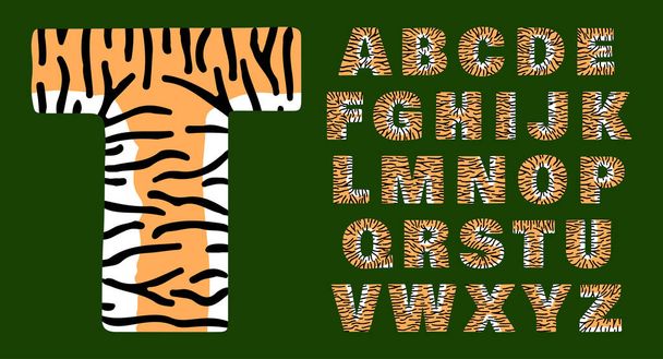 Tiger alphabet of bold letters white and orange with black stripes - Вектор,изображение