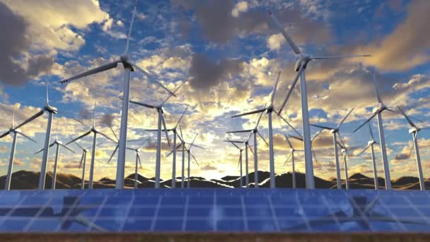 Uusiutuvan energian puisto pyörivät tuulimyllyt generaattorit ja innovatiiviset aurinkopaneelit - Materiaali, video