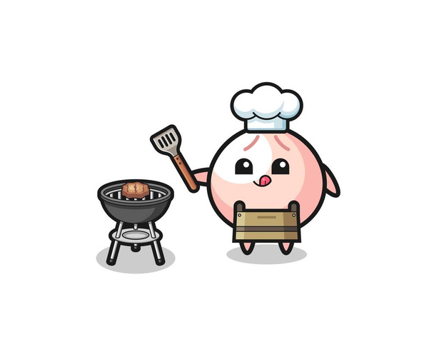 мясная булочка барбекю шеф-повар с грилем, милый дизайн - Вектор,изображение