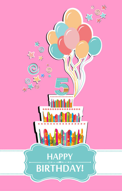 Happy birthday card. Celebration pink background with number five, balloon, birthday cake and place for your text. Vector illustration  - Vektor, obrázek