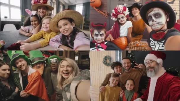 Split Screenshot von vier Gruppen von Menschen feiern St. Patricks Day, Halloween, Ostern und Weihnachten - Filmmaterial, Video