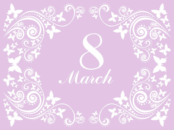 8 March. Greeting card. Celebration white background with pink flowers, butterfly and place for your text. Vector Illustration  - Vettoriali, immagini