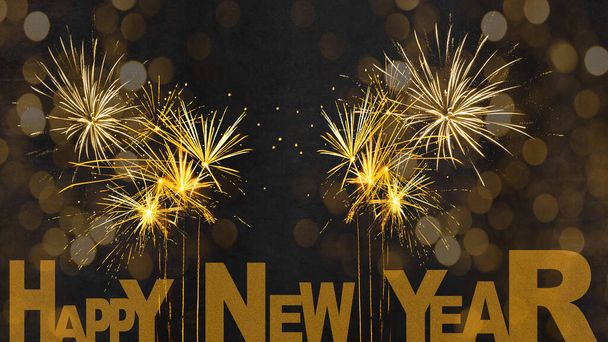 НОВЫЙ ГОД 2022, канун Нового года - Праздничная поздравительная открытка из серебра - Золотой фейерверк и боке-свет на черной ночной текстуре - Фото, изображение