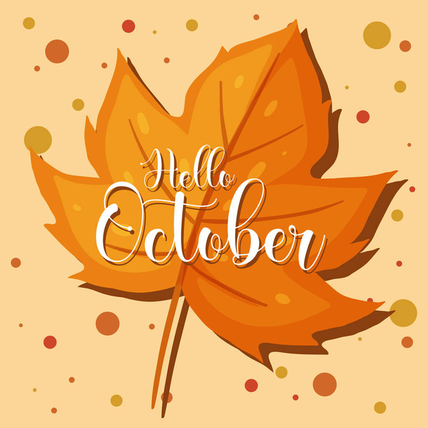 Hallo Oktober Wort-Logo auf einem Herbstblatt Illustration - Vektor, Bild