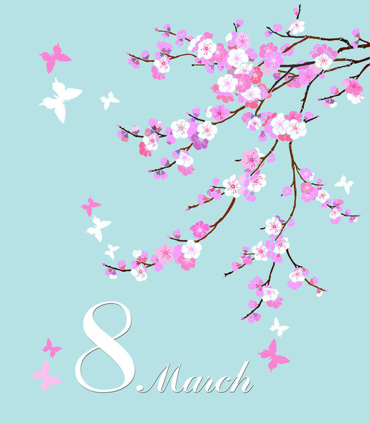 8 March. Women's day Greeting card. Celebration mint background with Pink Cherry blossom, butterfly and place for your text. illustration - Vektori, kuva