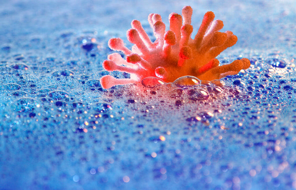 Virus rojo simbólico en jabón azul sud - Foto, Imagen
