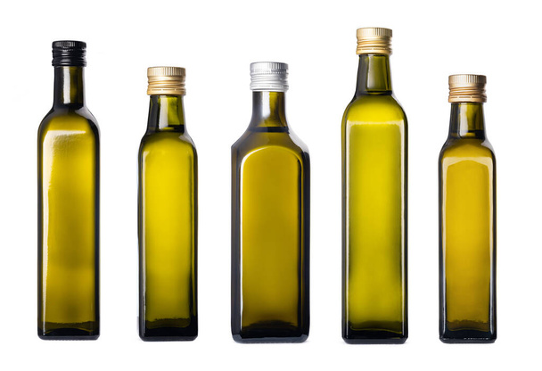 Row of olive oil bottles isolated on white - Zdjęcie, obraz