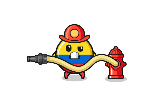 colombia flag cartoon as firefighter mascot with water hose , cute design - Vector, Image