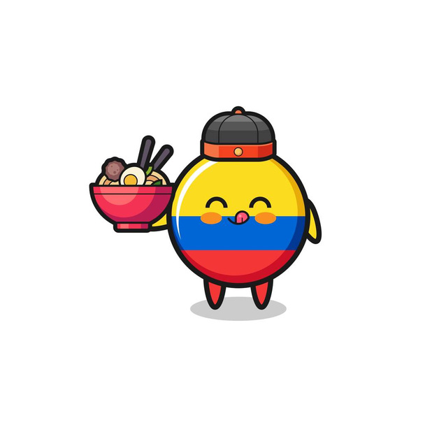 colombia flag as Chinese chef mascot holding a noodle bowl , cute design - Vector, Image
