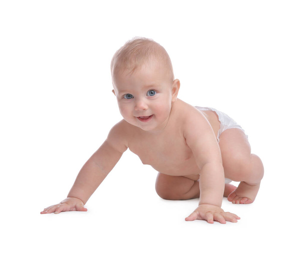Cute baby in dry soft diaper crawling on white background - Foto, Imagem