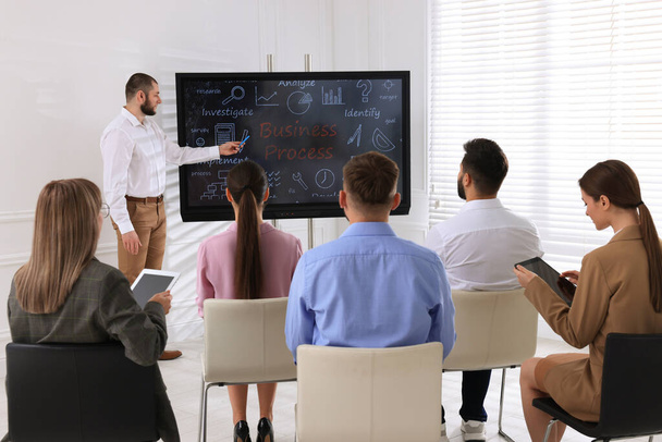 Business trainer using interactive board in meeting room during presentation - 写真・画像