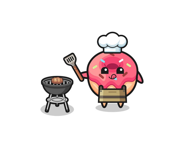 пончик барбекю шеф-повар с грилем, милый дизайн - Вектор,изображение
