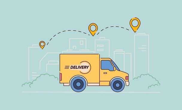 Żółty van dostawczy wysyła paczkę do miasta. Pojęcie szybkiej dostawy - Wektor, obraz