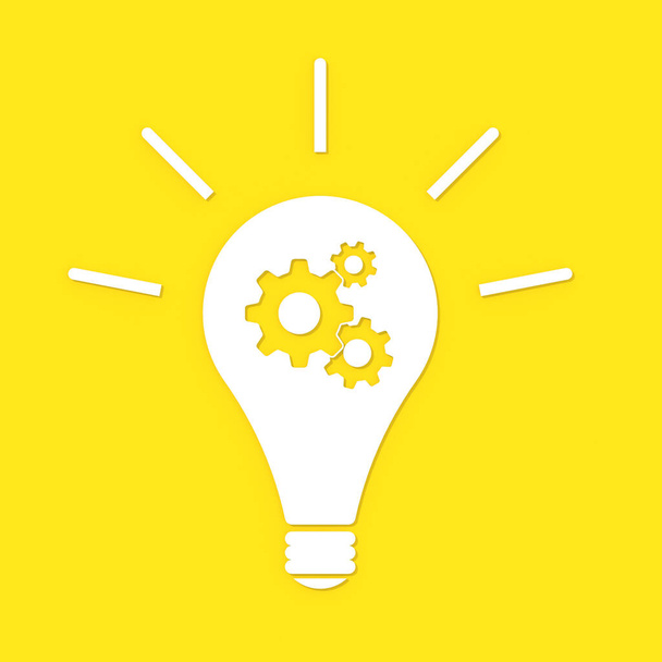 Ampoule lumineuse blanche avec ombre sur fond jaune. Illustration du symbole de l'idée. Image carrée. Engrenages dans l'ampoule. Image 3D. rendu 3D - Photo, image