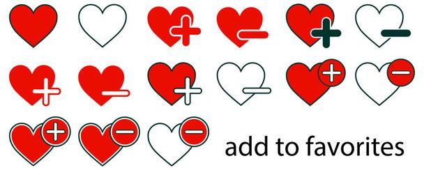 Eleganti icone del cuore con segno più (aggiungi ai preferiti) e meno segno (rimuovi dai preferiti). - Vettoriali, immagini