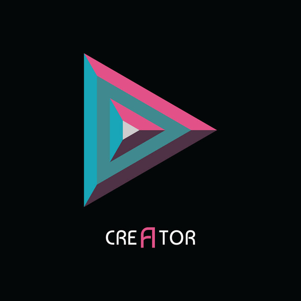 Logo voor video. Het platte logo van driehoekige play knop in 3D kleur stijl met Creator logo tekst hieronder. EPS8-vector. - Vector, afbeelding