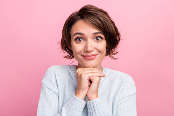 Photo of cheerful hopeful lovely lady ask request plead wish wear blue sweater isolated pink color background - Fotó, kép