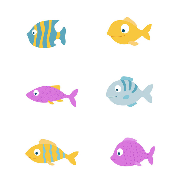 Conjunto de lindos peces de dibujos animados. Animales marinos y oceánicos coloridos.  - Vector, imagen