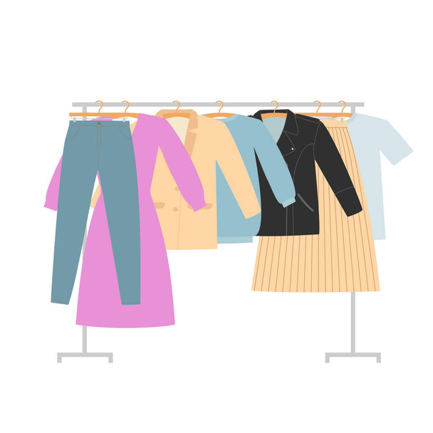 Women clothes on hanger rack. Female apparel hanging on shop rolling display stand. - Vector, Image