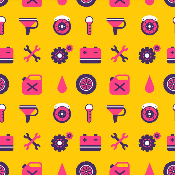 Vector bright illustration of different car equipment on yellow color background. Flat line art style design of car part seamless pattern for web, site, banner, print, textile - Vector, Image