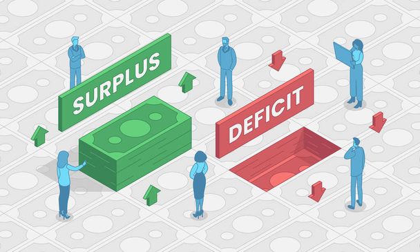 Surplus vs Deficit vlakke vector illustratie, is minder dan wat nodig is - Vector, afbeelding