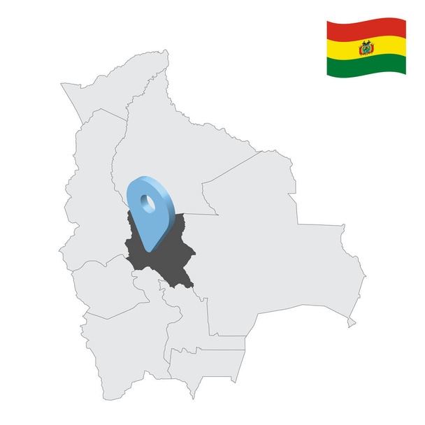 Ubicación Cochabamba departamento en el mapa Bolivia. 3d signo de ubicación similar a la bandera de Cochabamba. Mapa de calidad con Departamentos de Bolivia para su diseño. EPS10 - Vector, imagen