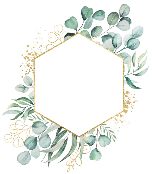 Aquarell hellgrüne Eukalyptus-Zweige und Blätter geometrische goldene Rahmen Illustration mit Kopierraum isoliert auf weiß für Hochzeitspapier, Grußkarten, Tapeten, Basteln. Greenery Handbemalter Rahmen. mit Platz für Text - Foto, Bild