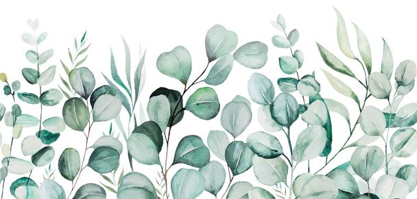 Watercolor light green eucaliptus branches and garden leaves seamless border illustration isolated on white for autumn and winter wedding stationary, greetings cards, wallpapers, crafting. Greenery Hand painted border - Photo, Image